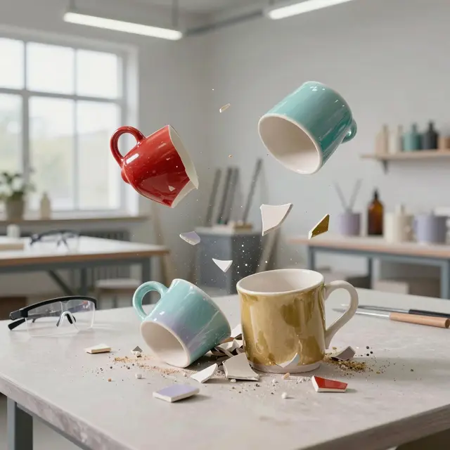 Photorealistic image of a controlled ceramic mug smashing process in a bright modern workshop in Szczecin, with fragments of colorful broken mugs captured in mid-air, natural daylight illuminating the scene, highlighting creativity and safety in an artistic environment