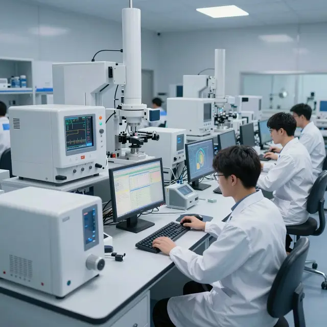 Photorealistic image of a professional testing laboratory with modern equipment and technicians analyzing data on computer screens, bright and clean environment with white and blue tones, well-lit workspace reflecting precision and reliability during daytime.