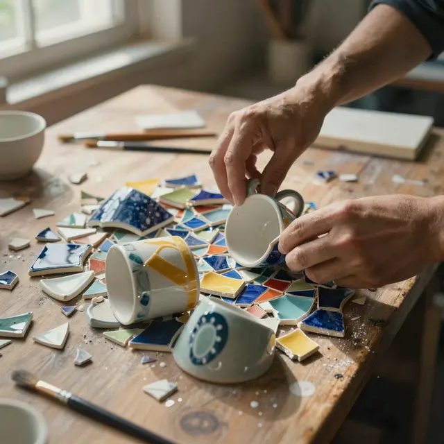 Close-up photo of an artist’s hands arranging colorful broken ceramic mugs into a vibrant mosaic on a wooden table, bright natural daylight illuminating the creative workspace with scattered ceramic fragments.
