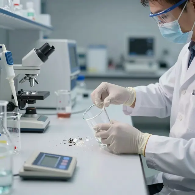 Laboratory technician wearing protective gloves breaking ceramic cup fragments on clean white table with scientific instruments, modern laboratory background, neutral tones with focused lighting conveying precision and safety