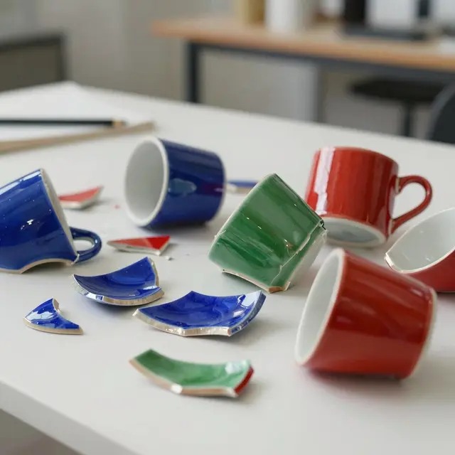 A close-up photo of shattered ceramic mugs arranged artistically on a bright worktable in a creative studio, natural daylight highlighting colorful ceramic shards with sharp texture and glossy surfaces, evoking a vibrant and inspiring atmosphere.
