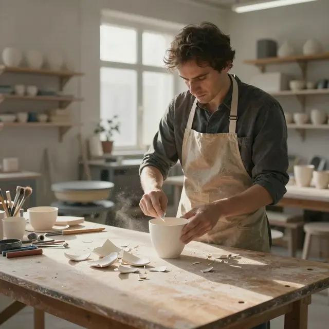 Professional ceramic artist gently breaking a white ceramic cup in a controlled workshop environment in Szczecin, soft natural light illuminating the workspace, details of shattered ceramic pieces on a wooden table, warm and inviting atmosphere emphasizing craftsmanship and creativity