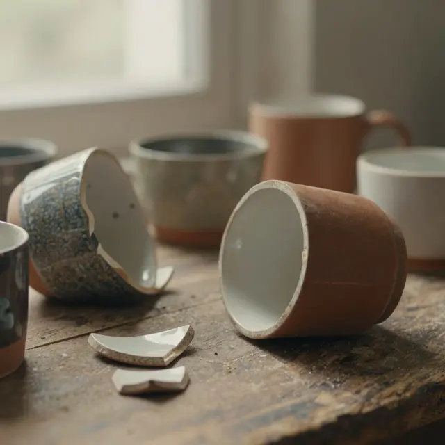 Artistic close-up of shattered ceramic mugs arranged creatively on a rustic wooden surface, soft natural light highlighting intricate broken edges and textures, warm color palette with earthy tones, evoking inspiration and craftsmanship, taken indoors with shallow depth of field focusing on the fragments.