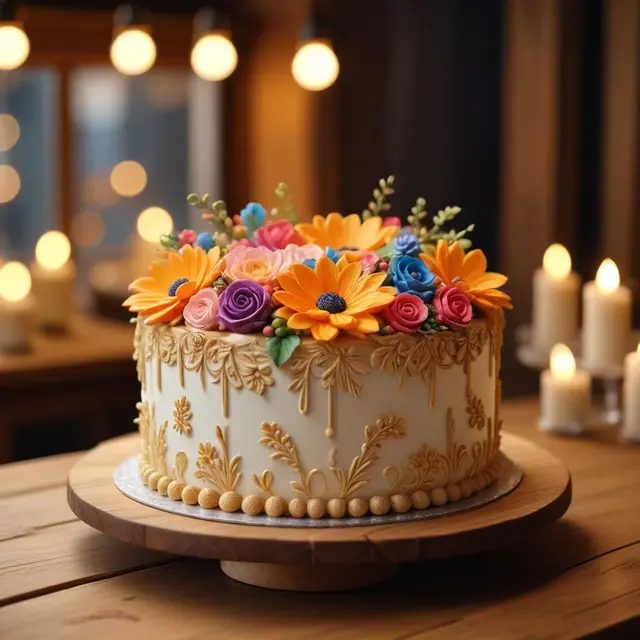 A beautifully handcrafted artistic cake with intricate floral decorations displayed on a wooden table in a softly lit bakery setting, warm natural light highlighting the delicate details and colors, showcasing a vibrant and elegant dessert perfect for special celebrations.
