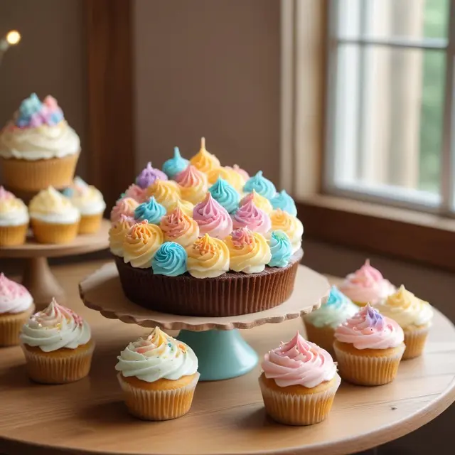 A beautifully decorated artistic cake and cupcakes displayed on a wooden table with pastel colored frosting, soft natural daylight coming from the side, cozy indoor setting with warm beige and cream tones, capturing intricate details and craftsmanship of handmade sweets