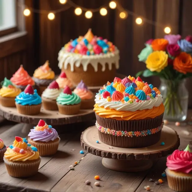 Close-up photo of an artistically decorated cake and colorful cupcakes on a rustic wooden table in soft natural light, warm and inviting atmosphere, highlighting intricate sugar decorations and fresh ingredients.