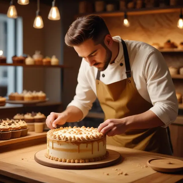 Artisan baker carefully decorating a custom cake in a cozy bakery setting with wooden counters and warm lighting, showcasing craftsmanship and passion for handmade desserts