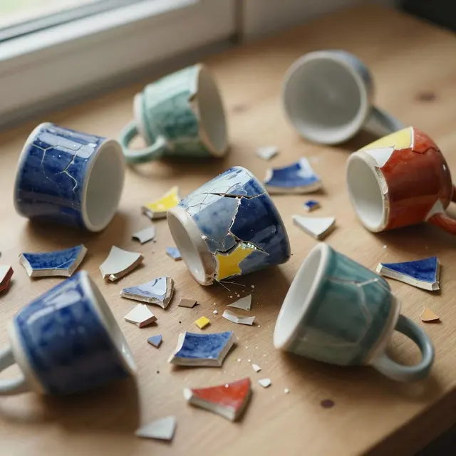 Close-up photograph of shattered ceramic mugs on a light wooden surface, with various colorful fragments scattered around. Bright natural daylight softly illuminating the textures and cracks of the ceramic pieces, evoking creativity and innovation in artistic recycling.