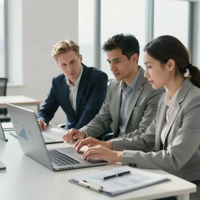 Professional business environment with a Polish mixed-race team of three adults in a modern office, analyzing data charts on a laptop screen under bright natural light, showing focus and confidence in a collaborative workspace with minimalistic white and gray tones.
