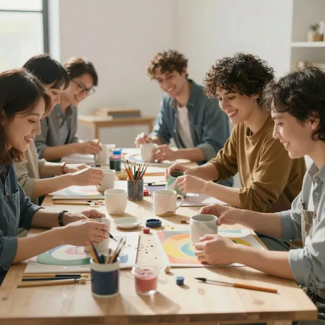 Group of diverse adult participants smiling and working creatively with broken ceramic mug pieces on art tables in bright studio space with natural light, colorful art supplies around.
