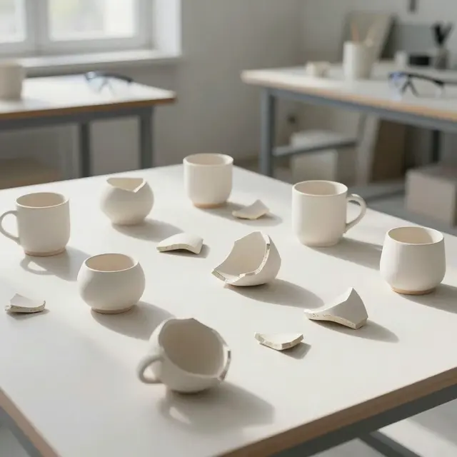 Photorealistic image of a controlled setup where ceramic mugs are carefully broken on a clean surface in a bright workshop setting in Szczecin, with natural daylight illuminating ceramic fragments arranged for artistic reuse, showcasing a creative and safe environment.