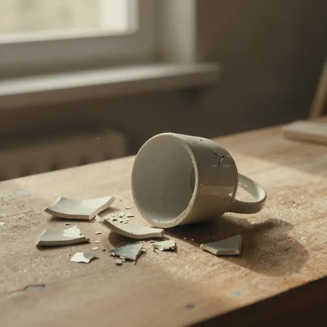 Artystyczne rozbicie ceramicznego kubka na stole warsztatowym, otoczone delikatnym naturalnym światłem, ciepłe odcienie brązu i beżu, atmosfera kreatywności i bezpieczeństwa, widok z góry ukazujący detale tekstury ceramiki i fragmentów szkła, Szczecin, Polska