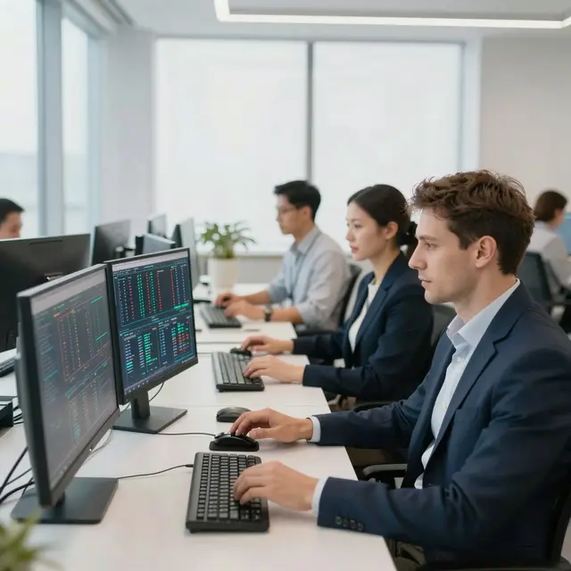 A professional Polish business environment showing a team analyzing complex test data on multiple screens in a modern office, bright natural lighting illuminating sleek technology and focused expressions, emphasizing reliability, accuracy, and trust in testing solutions.