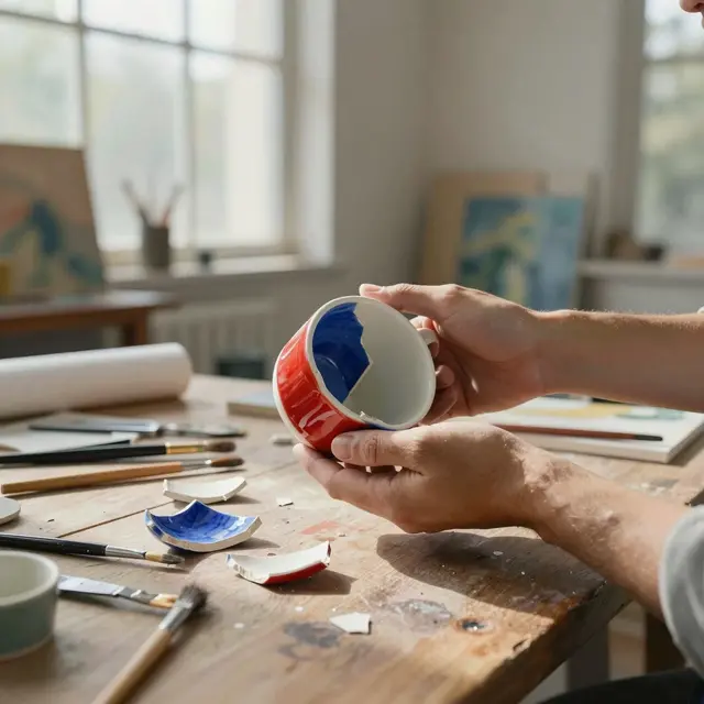 Artist hands holding colorful broken ceramic mug pieces in a bright studio environment with natural daylight, scattered art materials on wooden table, vibrant hues of blues, reds and whites, creative and inspiring atmosphere