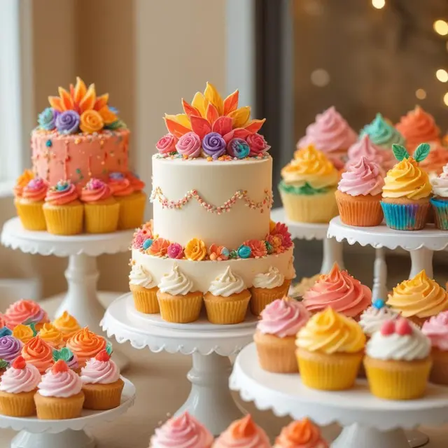 Close-up photo of beautifully decorated artistic cakes and cupcakes displayed on elegant stands at a bright bakery setting, natural daylight highlighting vivid colors of detailed sugar decorations, soft warm tones creating inviting and cheerful atmosphere