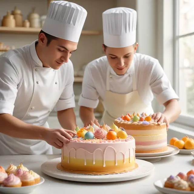 Close-up photo of two pastry chefs decorating an artistic cake by hand in a bright bakery kitchen, soft natural light from large windows highlighting detailed cake decorations in pastel colors, warm and inviting atmosphere, daytime setting