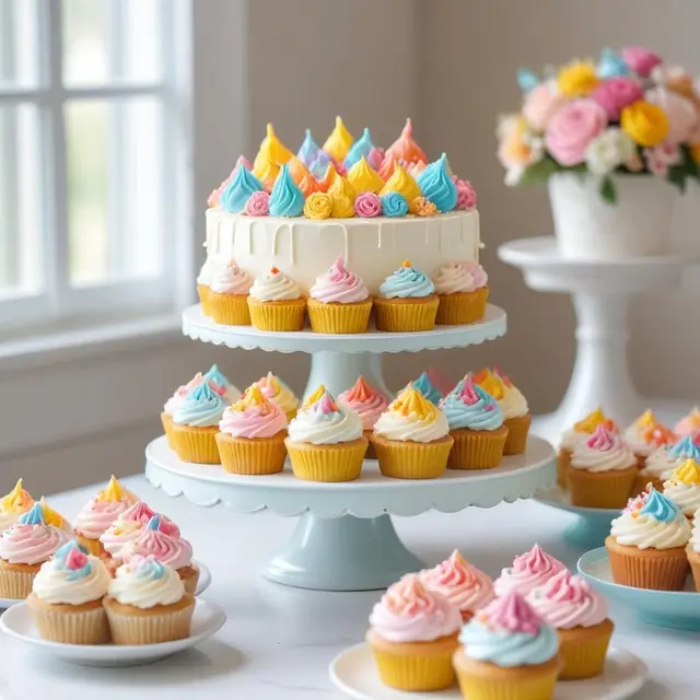 Close-up photo of an artistically decorated cake and colorful cupcakes arranged elegantly on a white table in a bright bakery setting with soft natural light and pastel tones, evoking a joyful and inviting atmosphere.