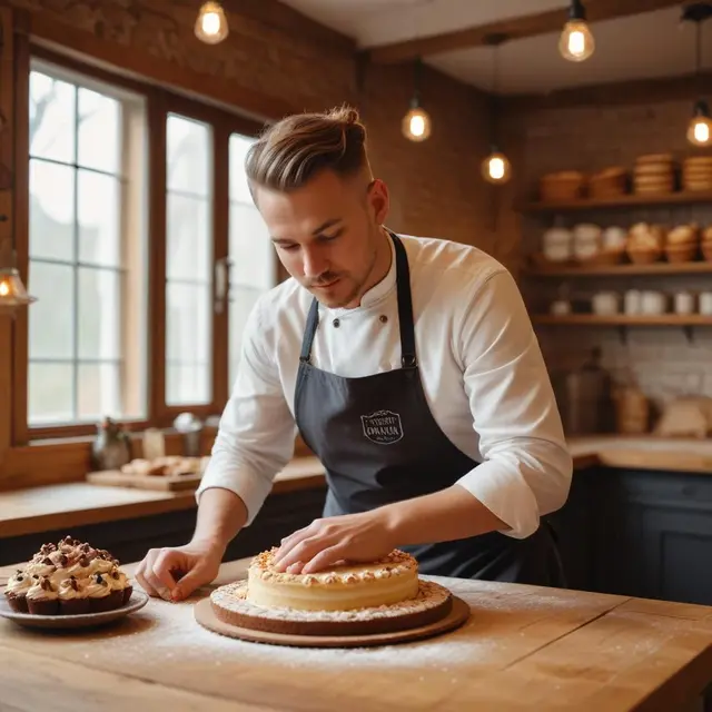 Artisan baker decorating custom artistic cake in cozy bakery kitchen with modern rustic interior and warm natural light filtering through windows creating inviting atmosphere in Szczecin