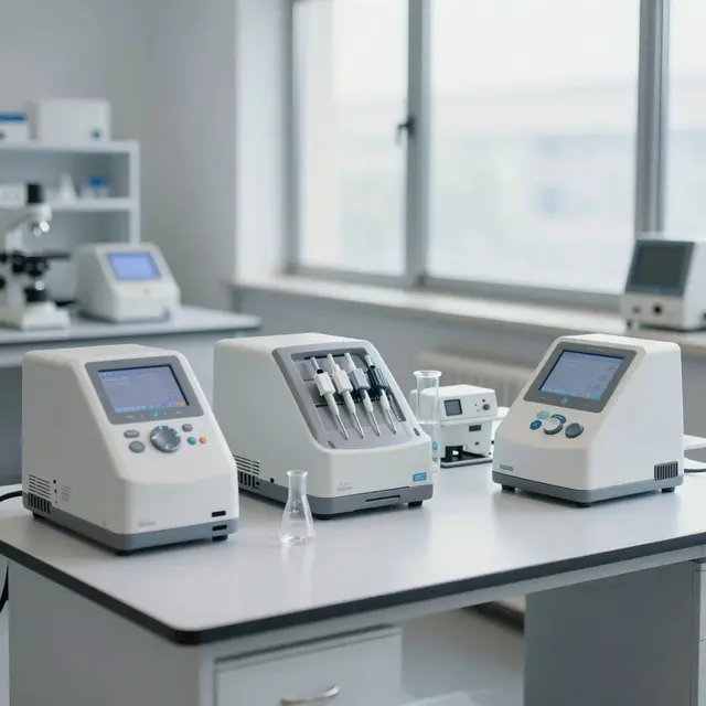 Photorealistic image showing a professional laboratory setup with advanced testing equipment on a clean white table, bright natural lighting from a large window in a modern office environment with neutral tones and a focused atmosphere emphasizing precision and reliability.