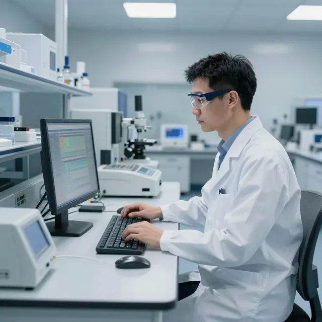Photorealistic image of a professional laboratory setting with advanced testing equipment and a dedicated technician analyzing data on a computer screen, bright white and blue tones, focused indoor lighting, modern and clean environment reflecting technological precision and reliability