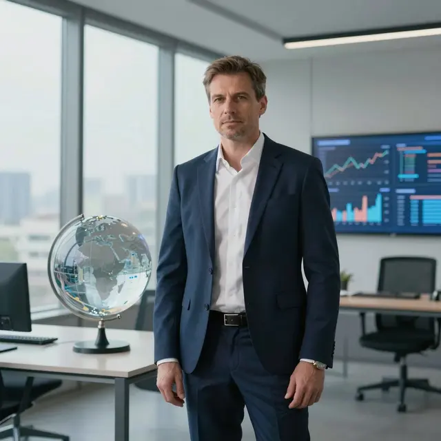 Photorealistic image of a confident middle-aged Polish man in a business casual outfit standing in a modern office, surrounded by symbols of trust and precision such as a clear glass globe and charts, bright natural light, neutral tones with blue accents, conveying professionalism and reliability in a calm atmosphere