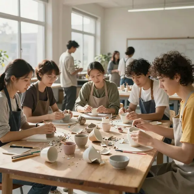 Group of adult students in creative workshop handling broken ceramic cup pieces on wooden table, bright classroom interior with natural light, colorful art supplies around, collaborative and inspiring learning atmosphere