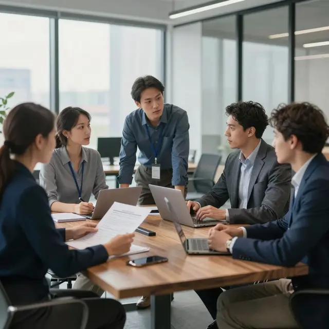 Professional business team discussing test results in modern office environment, natural daylight illuminating the workspace, neutral color palette with blue and gray tones, focus on collaboration and precision, realistic photograph of diverse business professionals in Poland