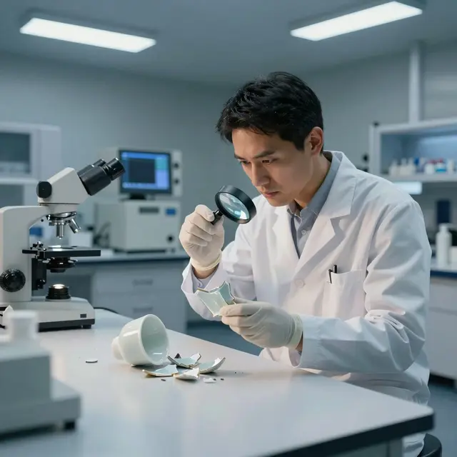 Laboratory scene with scientist in white coat examining crushed ceramic mug fragments with magnifying glass and equipment, bright clean lab interior with modern analytical instruments.