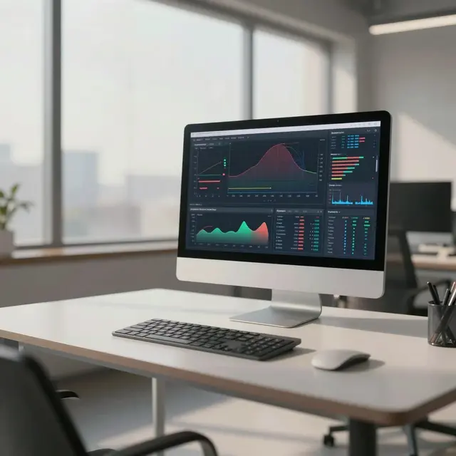 Photorealistic image of a professional workspace with a computer screen displaying data analysis graphs and test results, modern office environment with natural daylight, neutral color palette dominated by whites and grays, focused atmosphere reflecting precision and reliability in testing services
