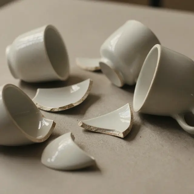 Close-up of shattered ceramic mugs pieces on a neutral studio surface, warm natural light highlighting the sharp edges and varied ceramic textures, artistic focus on broken fragments inspiring creativity and innovation