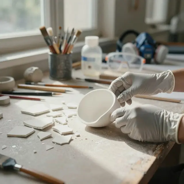 Close-up photo of hands carefully breaking a ceramic cup over a protected surface in a bright workshop environment, natural daylight highlighting the glossy white fragments and textured surfaces, with artistic tools and safety equipment subtly visible in the blurred background, evoking a creative and safe atmosphere.