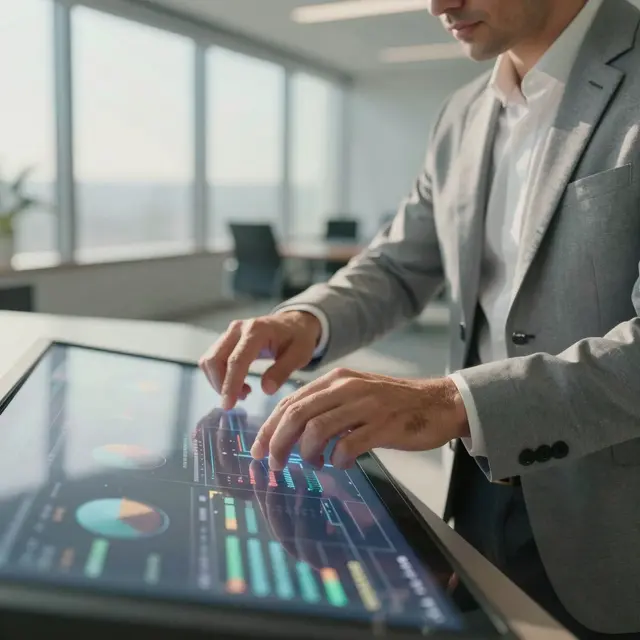 Photorealistic close-up of hands analyzing data charts on a modern transparent touchscreen in a bright office environment with natural light, featuring a focused adult Caucasian man wearing business casual clothing, emphasizing precision and professionalism.