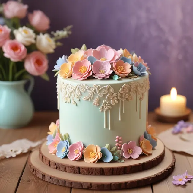 Close-up photo of an artistic cake decorated with intricate fondant flowers and delicate details on a wooden table, soft natural light highlighting pastel colors, warm and inviting atmosphere, background blurred to emphasize the cake as the main subject