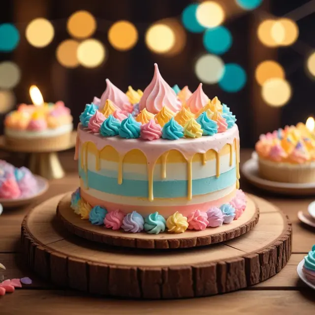 Artistic handcrafted cake with decorative frosting and colorful details on wooden table, soft warm lighting enhancing the textures, cozy interior background with blurred pastel colors evoking a joyful and creative atmosphere